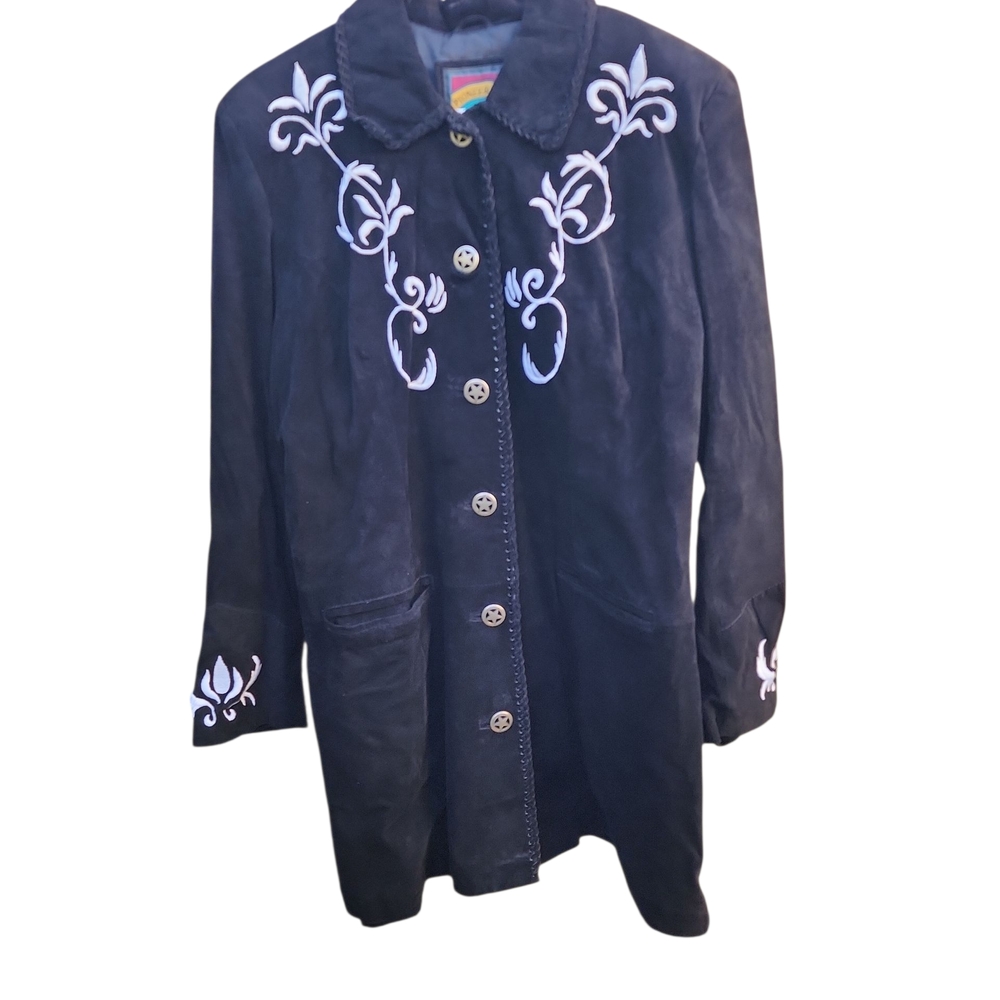 PIONEER‎ Black Trench Coat with White Embroidery Size Large